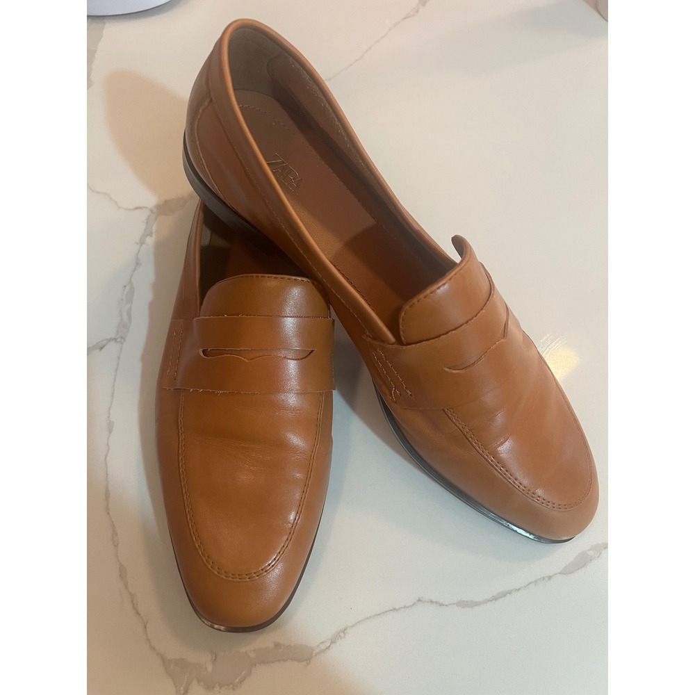 Zara Tan Leather Penny Loafers Cognac Brown Flat Shoes Size 40